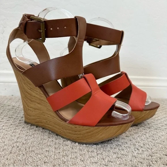 Parker & Sky Brown Orange Strappy Buckle Platform Wedge Heels Size 8 - Picture 1 of 7